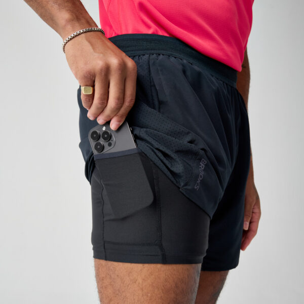 Brooks 2-in-1 juoksushortsien sisäshortsien taskut ja ulkopuoliset taskut säilytystä varten.